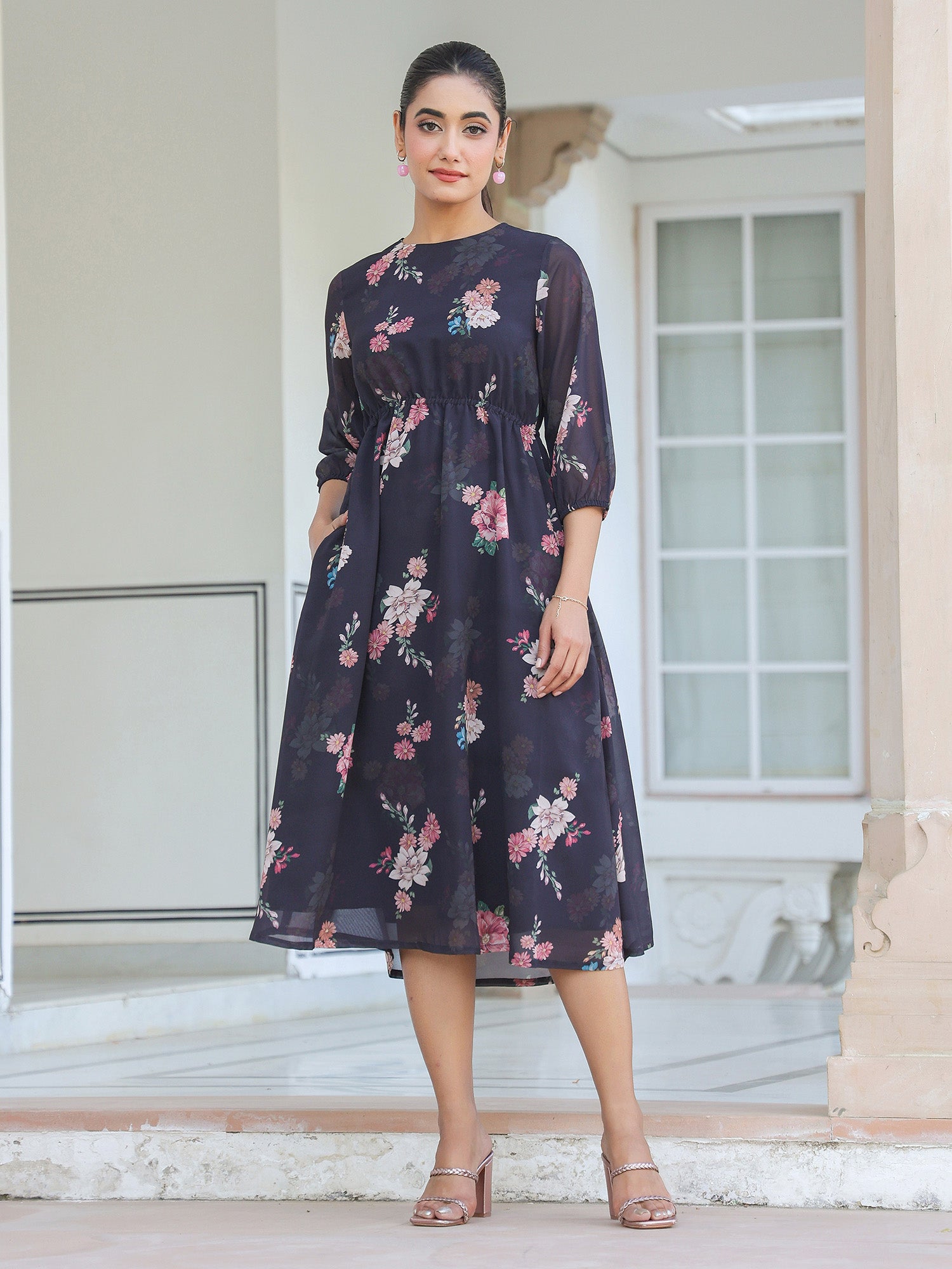 Janasya Dark Georgette Floral A-Line Dress