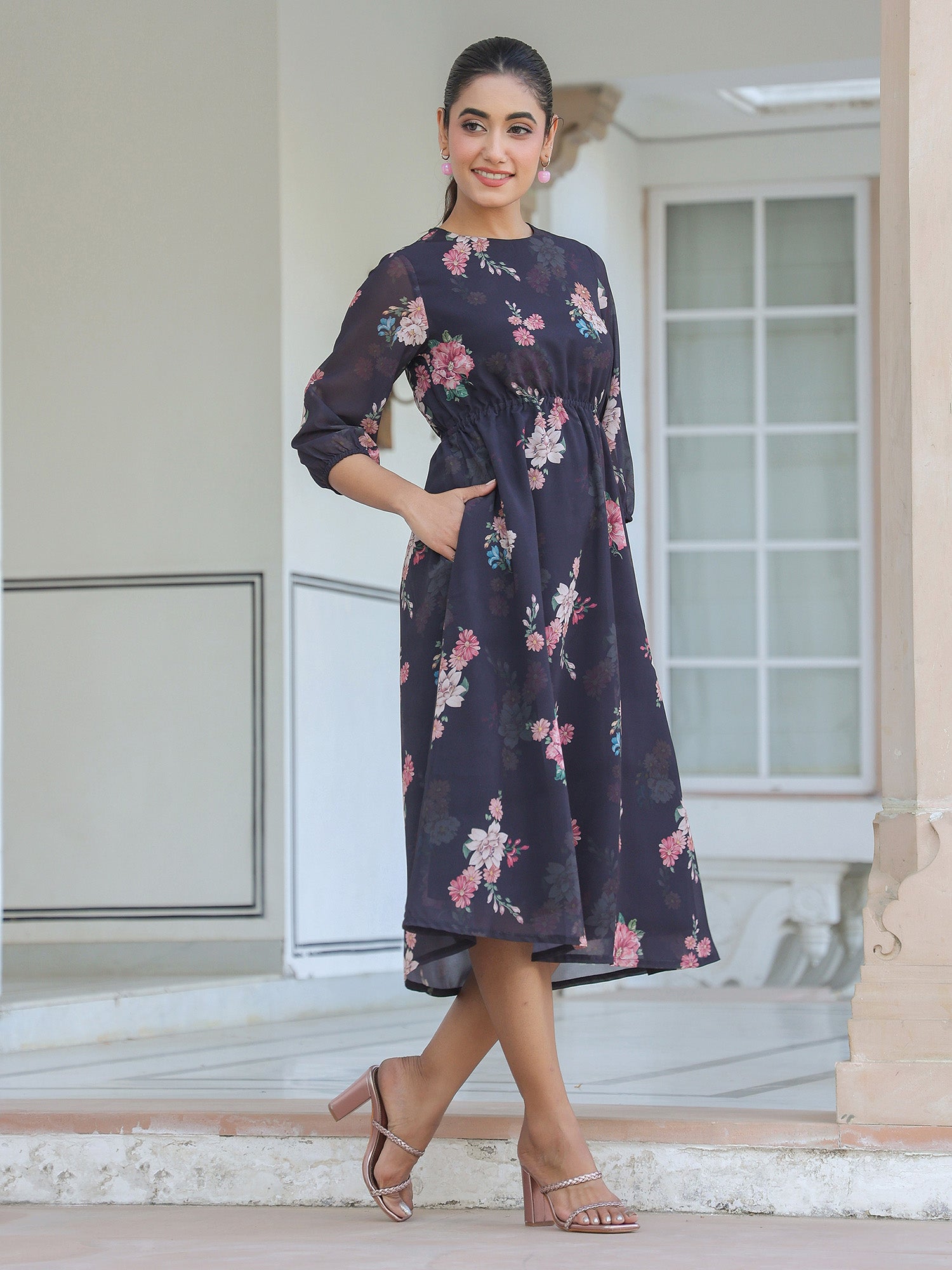 Janasya Dark Georgette Floral A-Line Dress