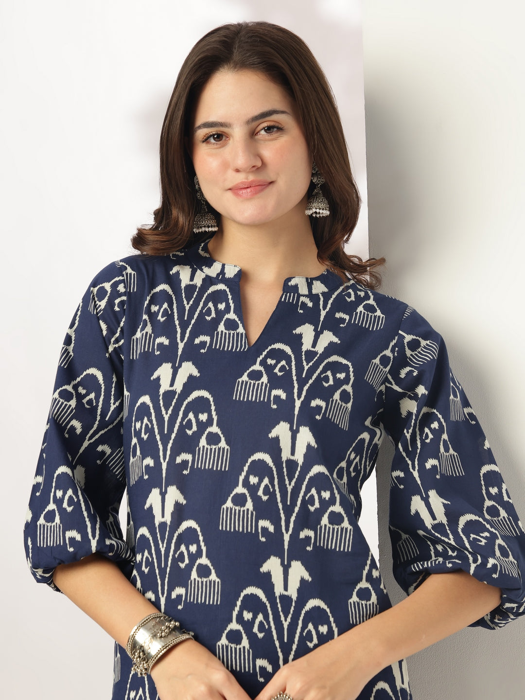 Janasya Dark Cotton Ikkat Straight Top & Bottom Set