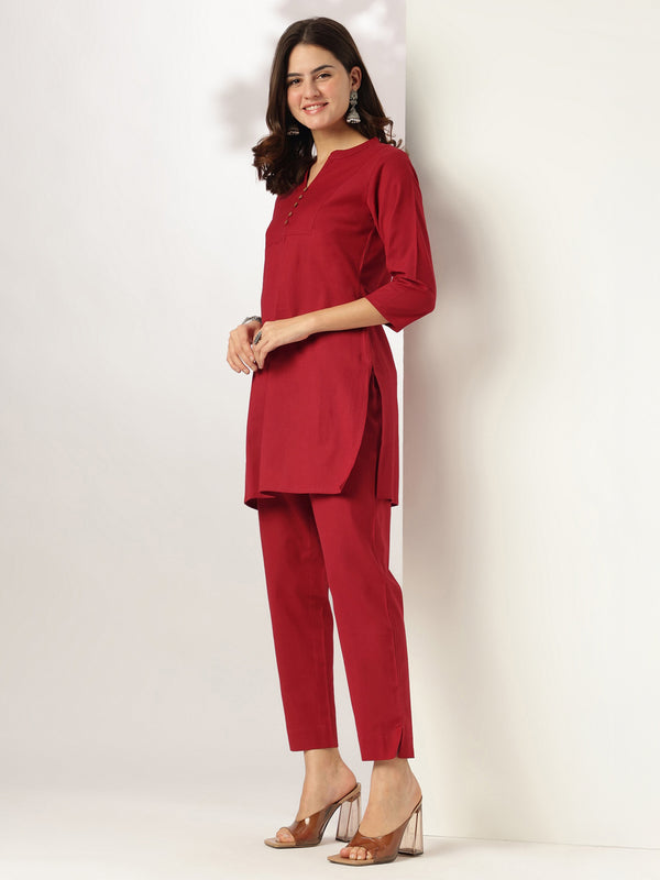 Janasya Dark Cotton Solid A-Line Top & Bottom Set