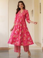 Thumbnail for Janasya Bright Cotton Floral A-Line Kurta Set