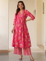 Thumbnail for Janasya Bright Cotton Floral A-Line Kurta Set