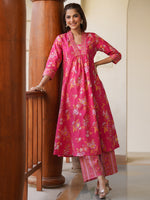 Thumbnail for Janasya Bright Cotton Floral A-Line Kurta Set
