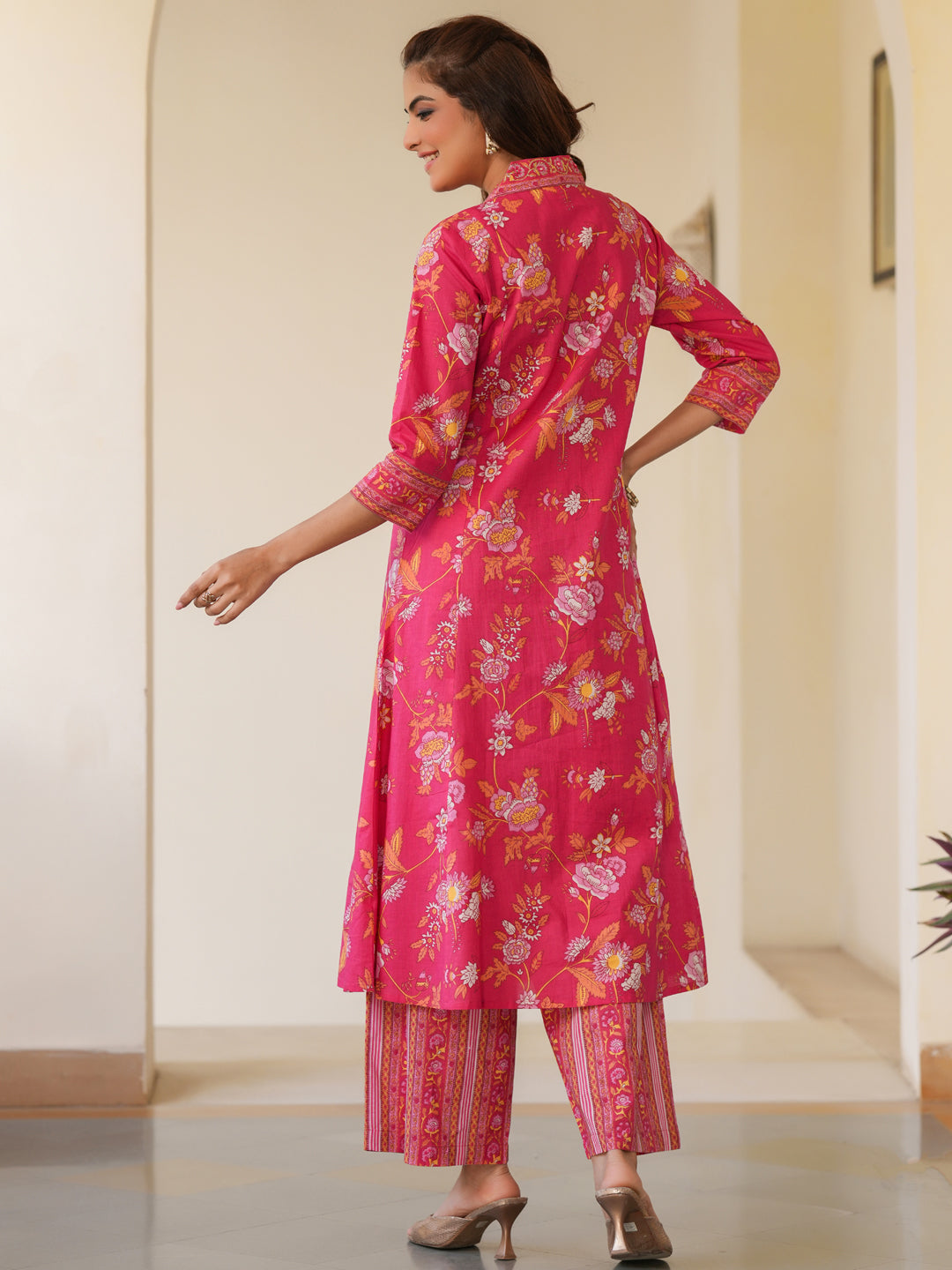 Janasya Bright Cotton Floral A-Line Kurta Set