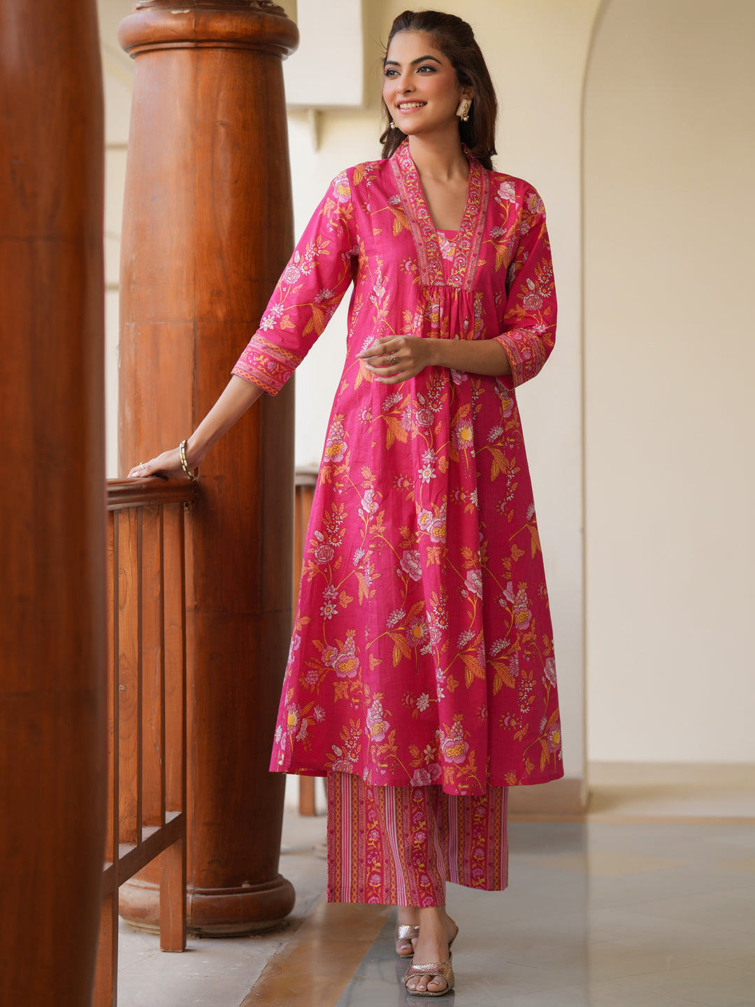 Janasya Bright Cotton Floral A-Line Kurta Set