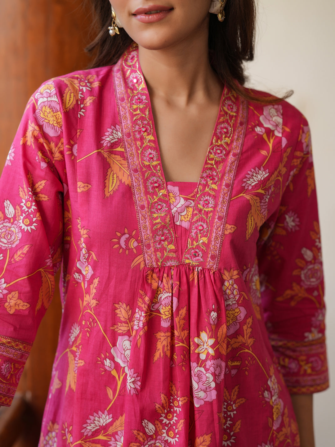 Janasya Bright Cotton Floral A-Line Kurta Set