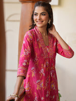 Thumbnail for Janasya Bright Cotton Floral A-Line Kurta Set