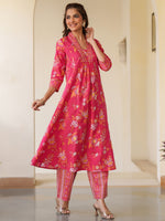 Thumbnail for Janasya Bright Cotton Floral A-Line Kurta Set