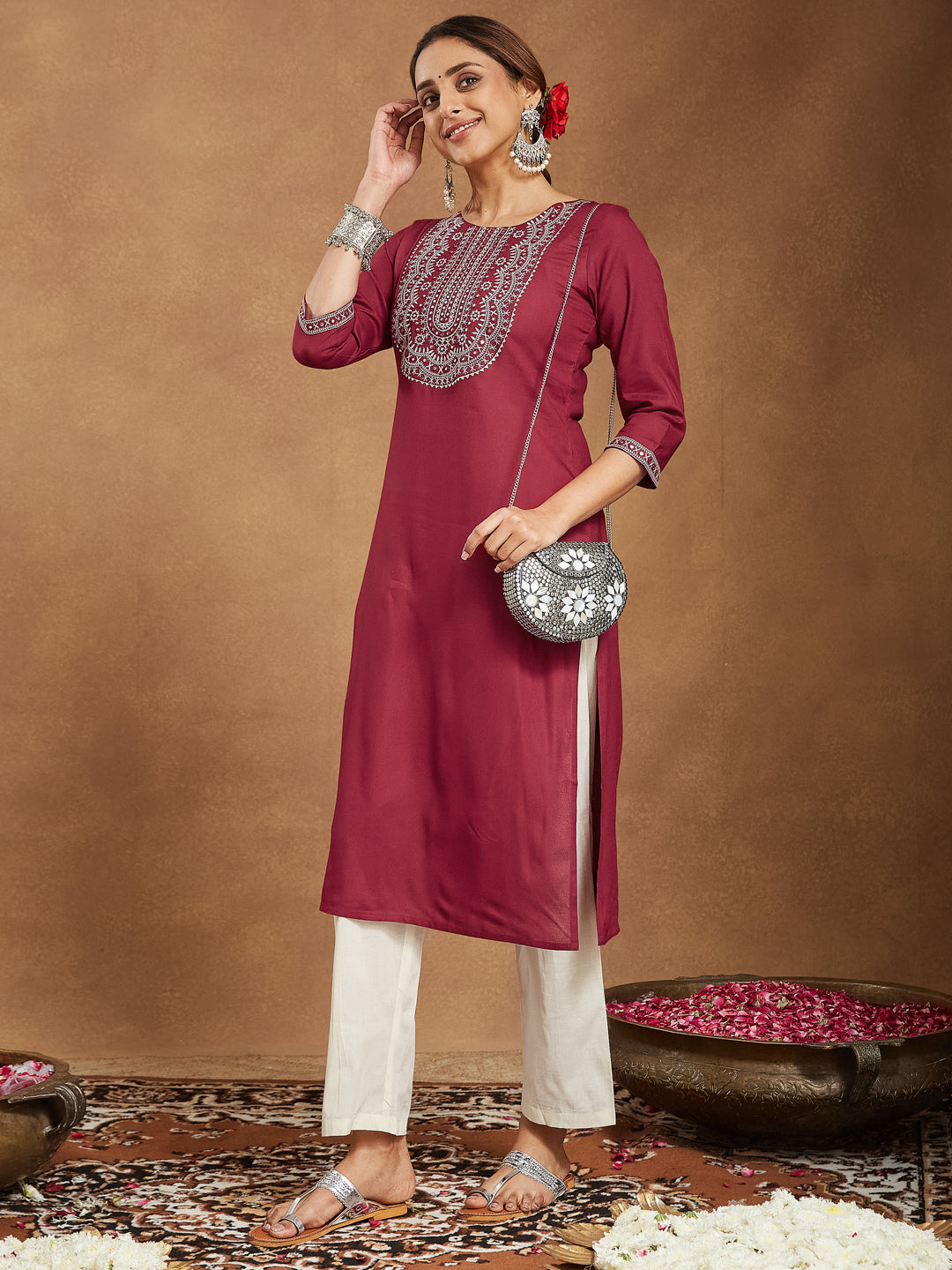 Janasya Dark Rayon Embroidered Straight Kurta