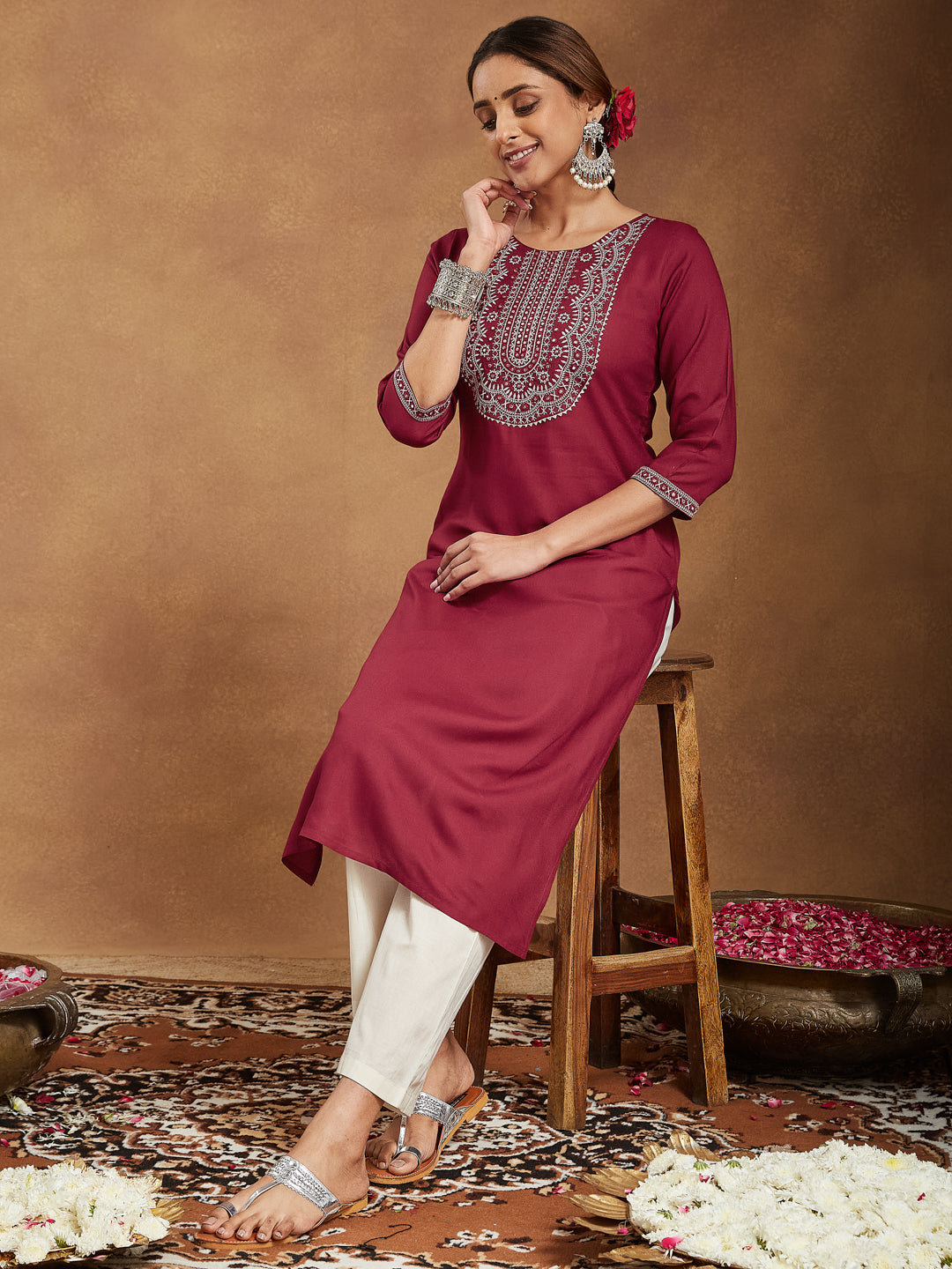 Janasya Dark Rayon Embroidered Straight Kurta