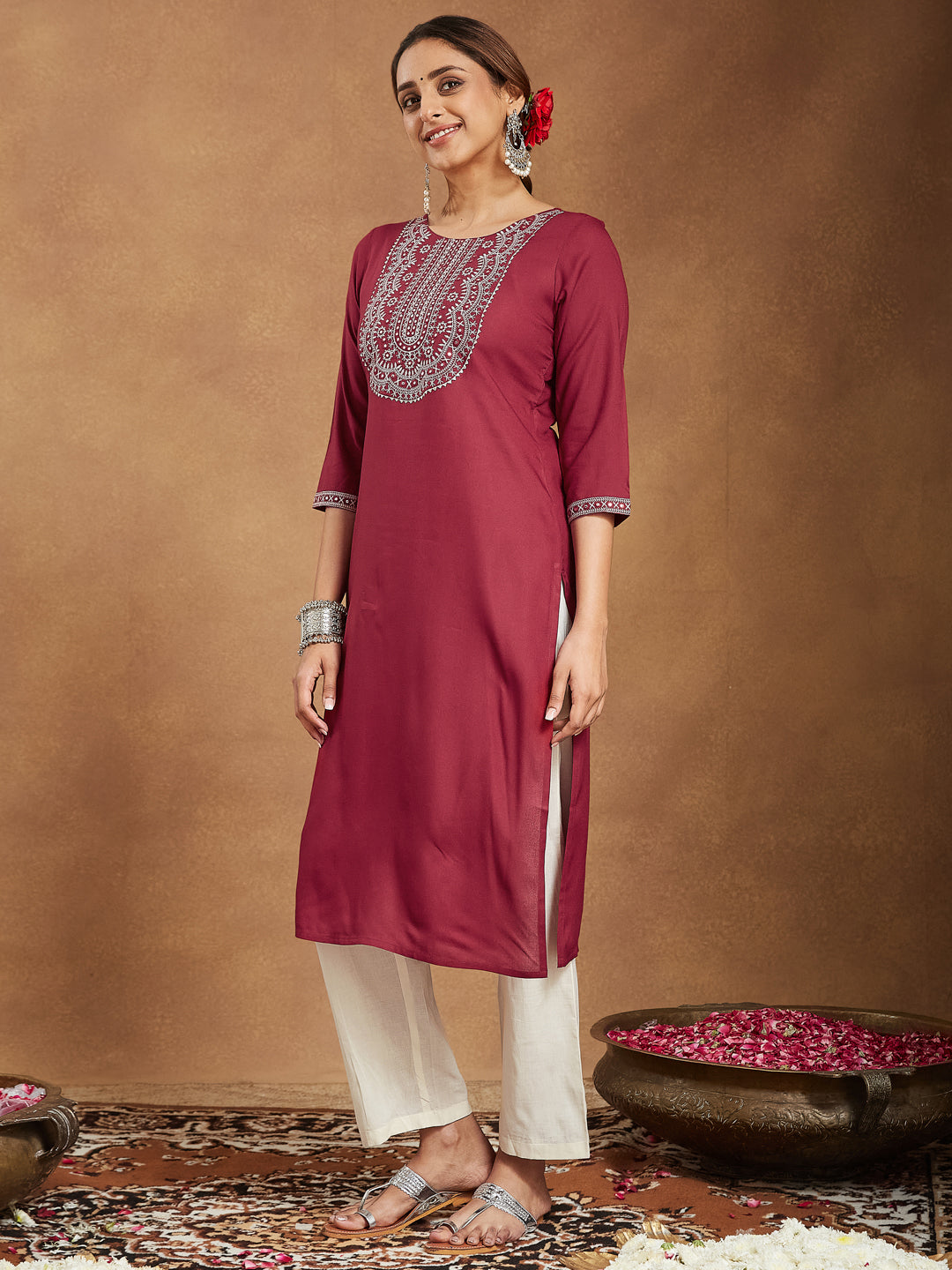 Janasya Dark Rayon Embroidered Straight Kurta