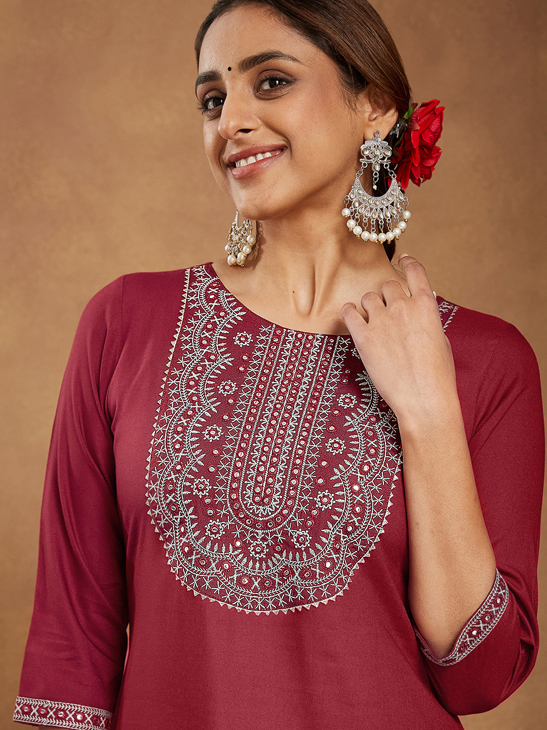 Janasya Dark Rayon Embroidered Straight Kurta