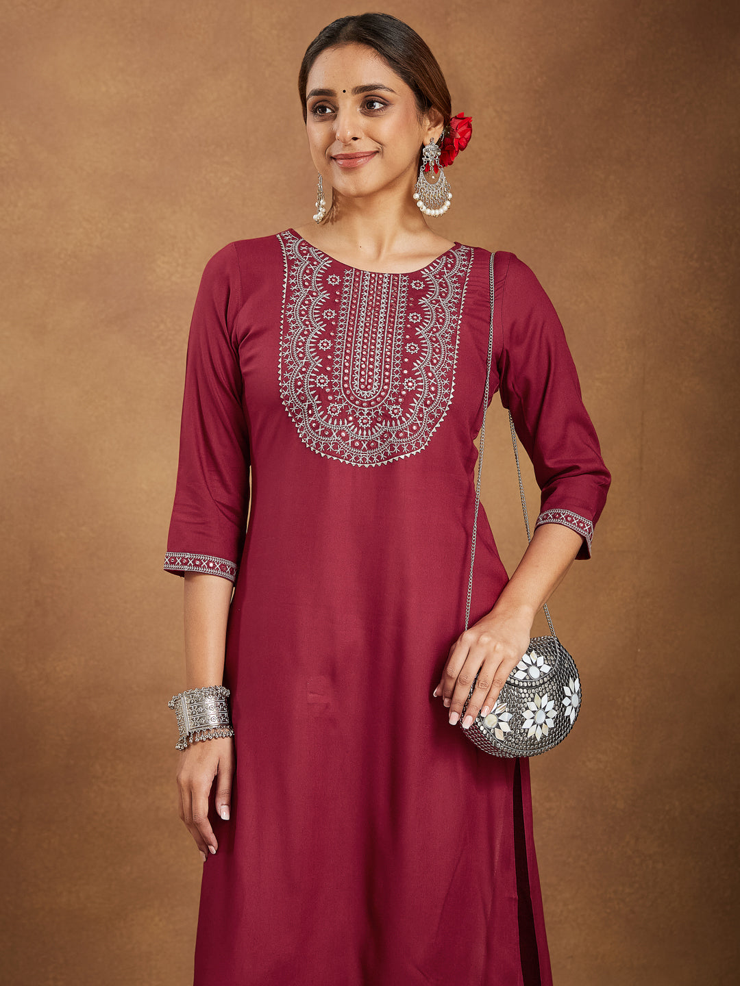 Janasya Dark Rayon Embroidered Straight Kurta