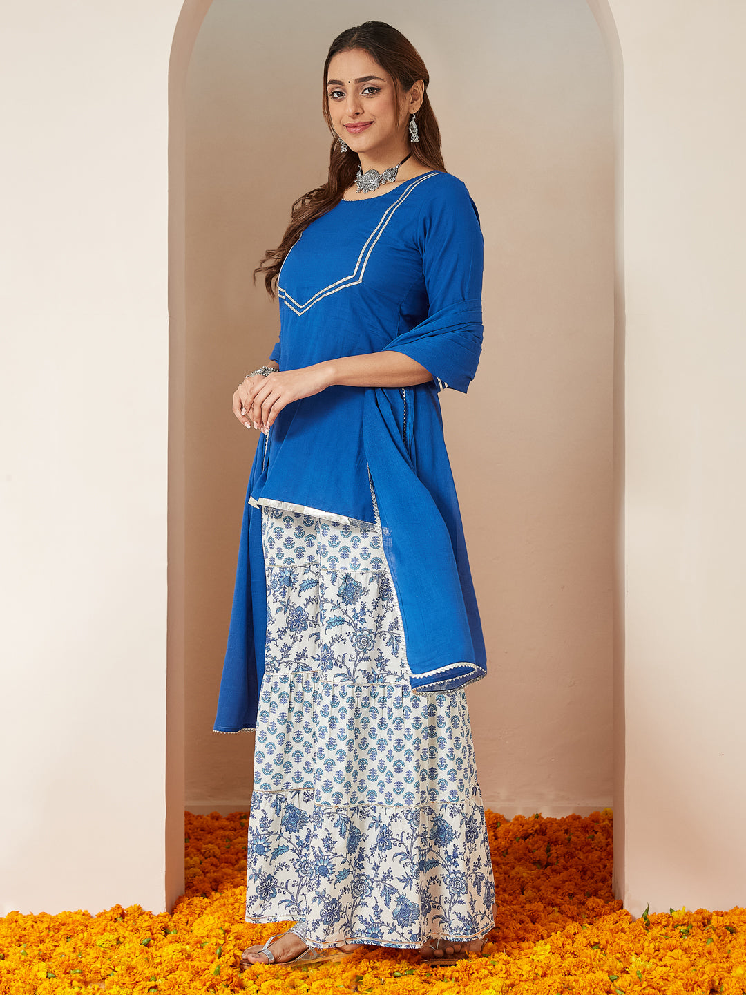 Janasya Dark Cambric Embellished A-Line Kurta Set