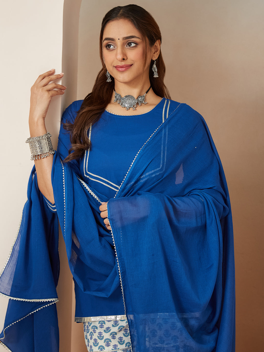 Janasya Dark Cambric Embellished A-Line Kurta Set