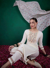 Thumbnail for Lyush Women Party Wear Embroidery Worked Kurta With Pant And Dupatta Set - Off White