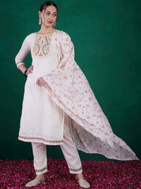 Thumbnail for Lyush Women Party Wear Embroidery Worked Kurta With Pant And Dupatta Set - Off White