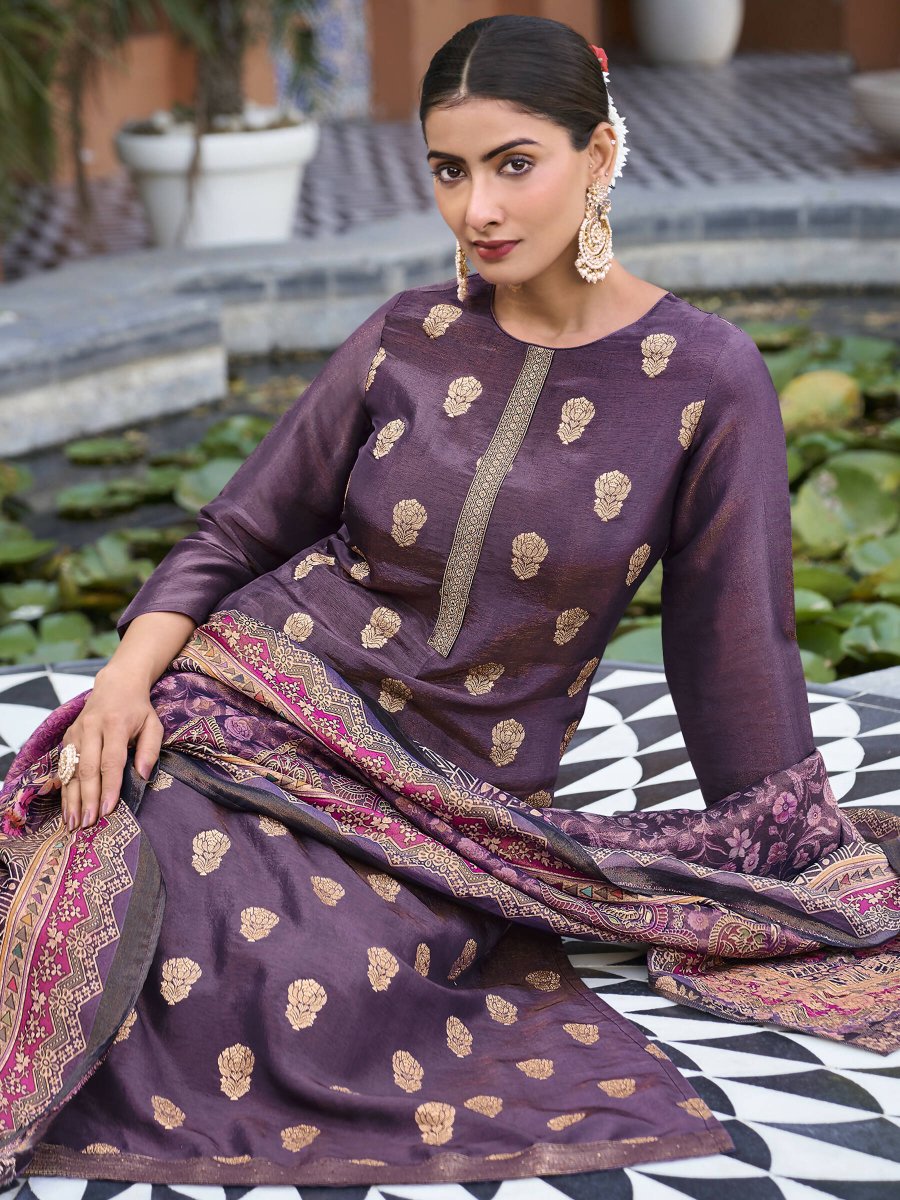 Aastha Fashion Women's Purple Pure Silk Elegant Jacquard Woven Kurta with Trouser & Dupatta - Distacart