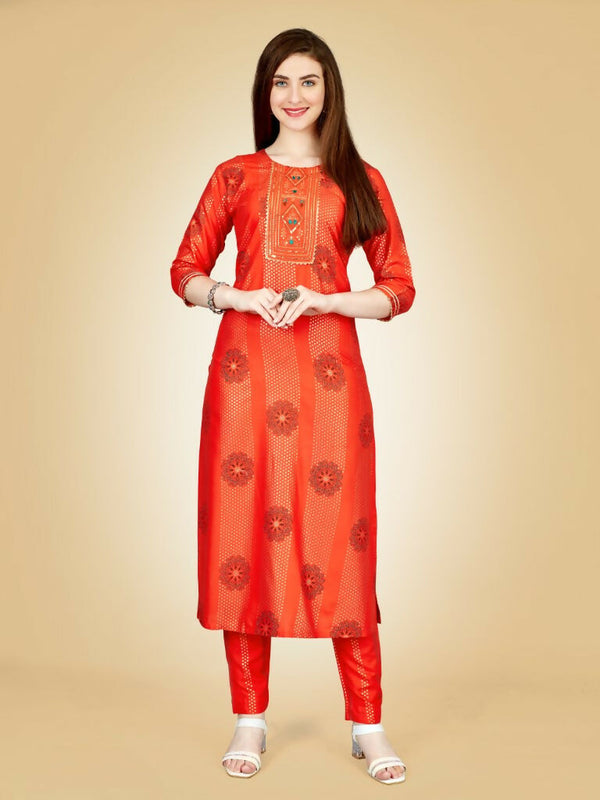 Jyoti Fashion Women's Orange Viscose Rayon Embroidered Kurta Pant Set - Distacart