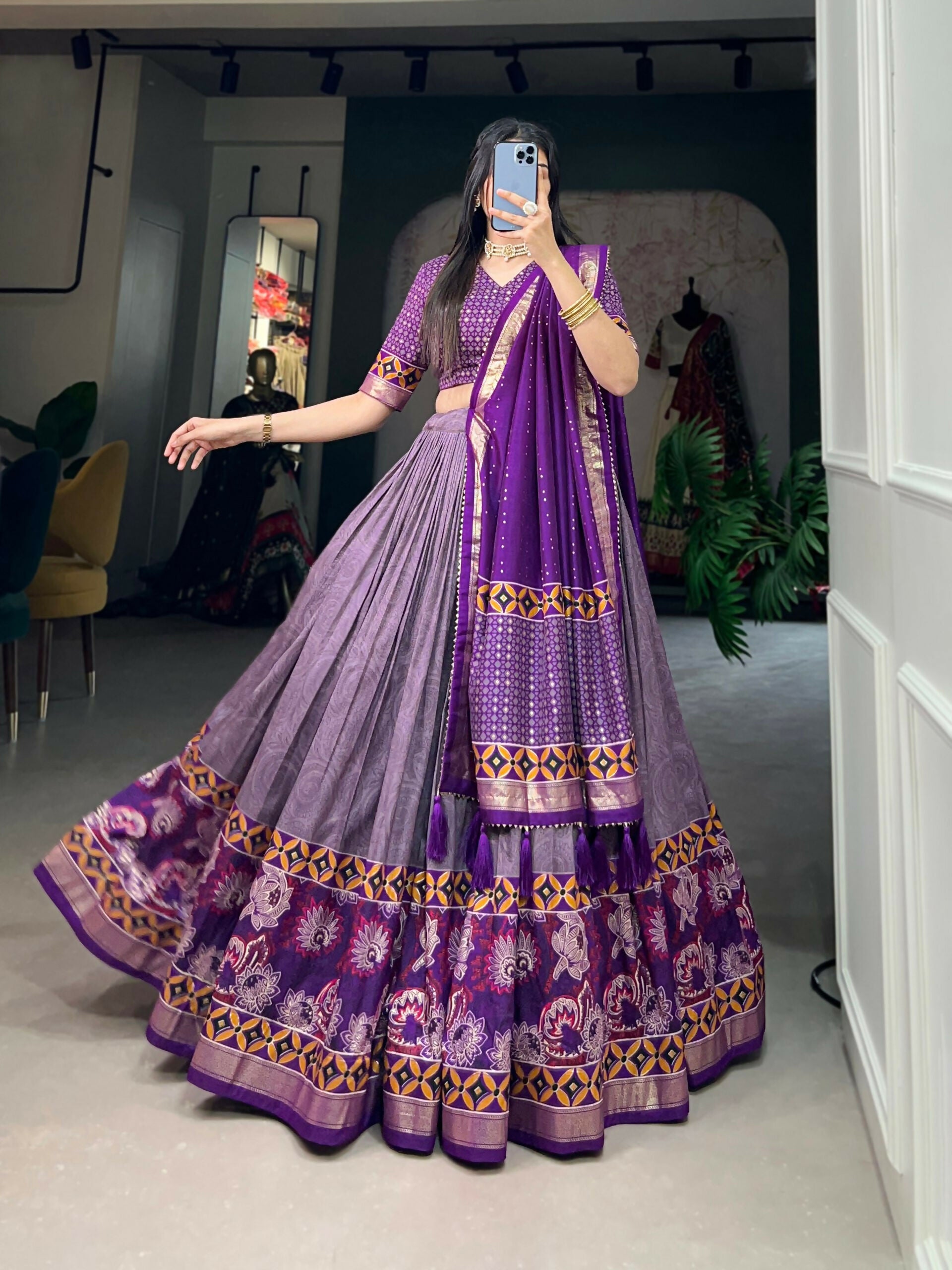 Vastranavya Floral Print With Foil Print Tussar Silk Lehenga with Unstitched Blouse - Purple - Distacart