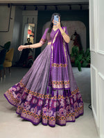 Thumbnail for Vastranavya Floral Print With Foil Print Tussar Silk Lehenga with Unstitched Blouse - Purple - Distacart