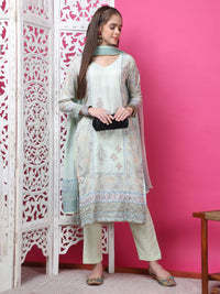 Thumbnail for Jyoti Fashion Women's Pista Green Cotton Geometric Digital Print with Jari & Crystal Kurta with Trouser & Dupatta