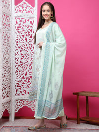 Thumbnail for Jyoti Fashion Women's Pista Green Cotton Geometric Digital Print with Jari & Crystal Kurta with Trouser & Dupatta