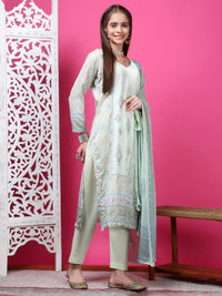 Thumbnail for Jyoti Fashion Women's Pista Green Cotton Geometric Digital Print with Jari & Crystal Kurta with Trouser & Dupatta