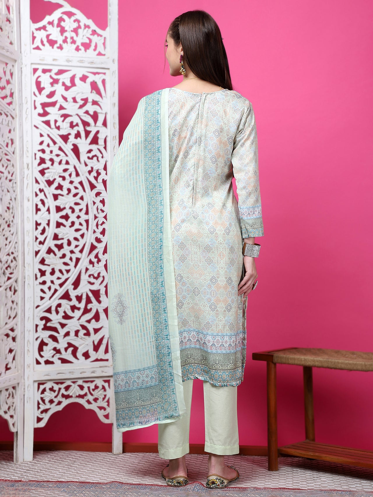 Jyoti Fashion Women's Pista Green Cotton Geometric Digital Print with Jari & Crystal Kurta with Trouser & Dupatta