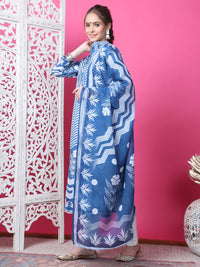 Thumbnail for Jyoti Fashion Women's Indigo Blue Cotton Geometric Digital Print with Jari & Crystal Kurta with Trouser & Dupatta