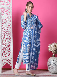 Thumbnail for Jyoti Fashion Women's Indigo Blue Cotton Geometric Digital Print with Jari & Crystal Kurta with Trouser & Dupatta
