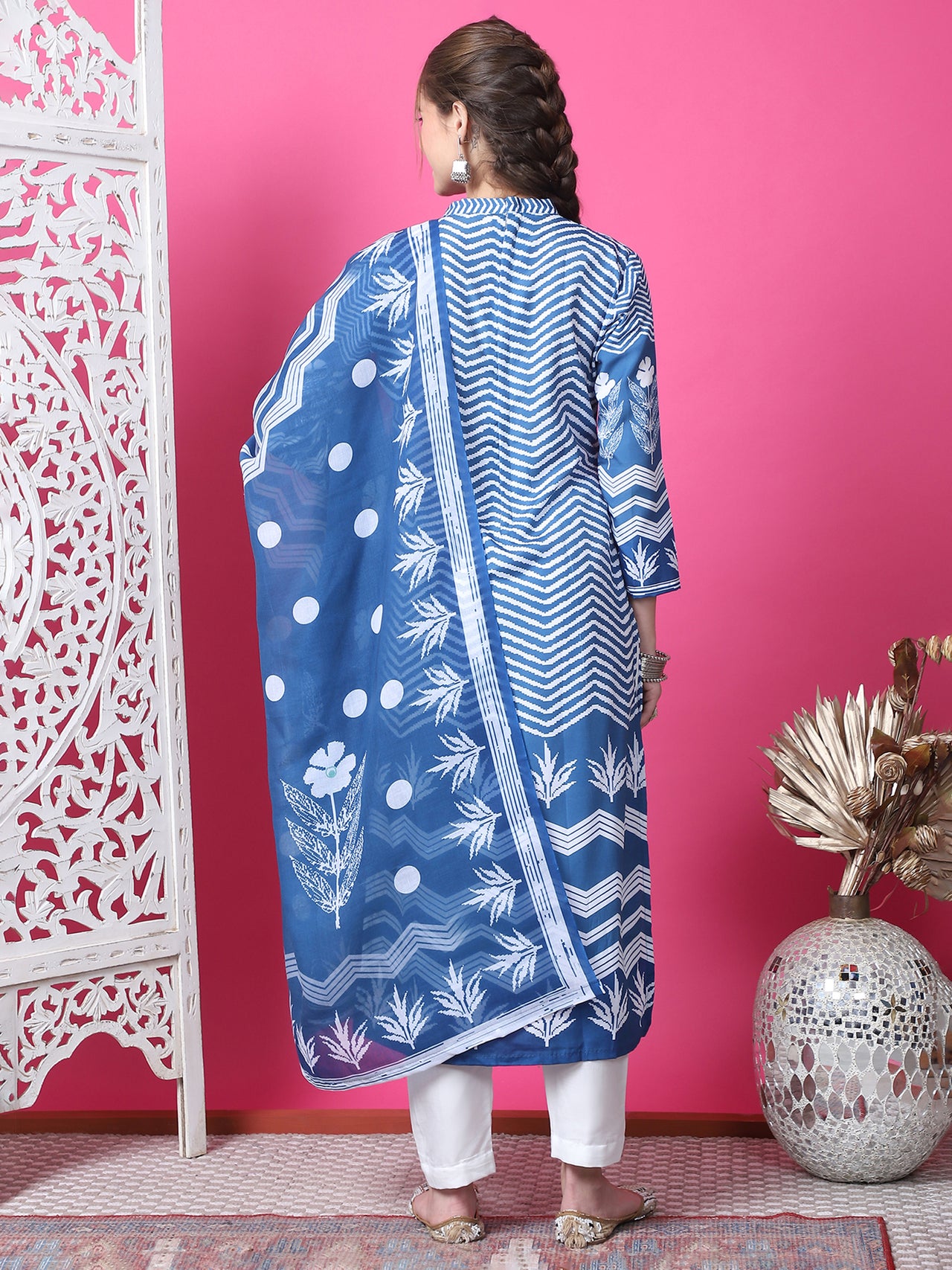 Jyoti Fashion Women's Indigo Blue Cotton Geometric Digital Print with Jari & Crystal Kurta with Trouser & Dupatta