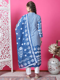 Thumbnail for Jyoti Fashion Women's Indigo Blue Cotton Geometric Digital Print with Jari & Crystal Kurta with Trouser & Dupatta