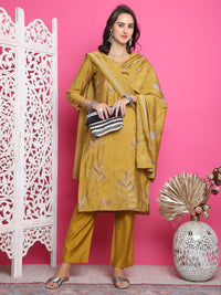 Thumbnail for Jyoti Fashion Women's Mustard Muslin Floral Print with Jari & Crystal work Kurta with Trouser & Dupatta