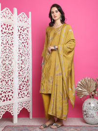 Thumbnail for Jyoti Fashion Women's Mustard Muslin Floral Print with Jari & Crystal work Kurta with Trouser & Dupatta