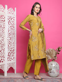 Thumbnail for Jyoti Fashion Women's Mustard Muslin Floral Print with Jari & Crystal work Kurta with Trouser & Dupatta