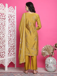 Thumbnail for Jyoti Fashion Women's Mustard Muslin Floral Print with Jari & Crystal work Kurta with Trouser & Dupatta