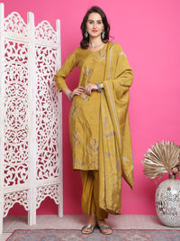 Thumbnail for Jyoti Fashion Women's Mustard Muslin Floral Print with Jari & Crystal work Kurta with Trouser & Dupatta