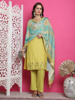 Thumbnail for Jyoti Fashion Women's Lemon Yellow Muslin Floral Resham Embroidery Kurta with Trouser & Dupatta - Distacart