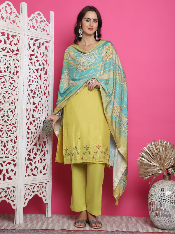 Jyoti Fashion Women's Lemon Yellow Muslin Floral Resham Embroidery Kurta with Trouser & Dupatta - Distacart