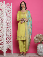 Thumbnail for Jyoti Fashion Women's Lemon Yellow Muslin Floral Resham Embroidery Kurta with Trouser & Dupatta - Distacart