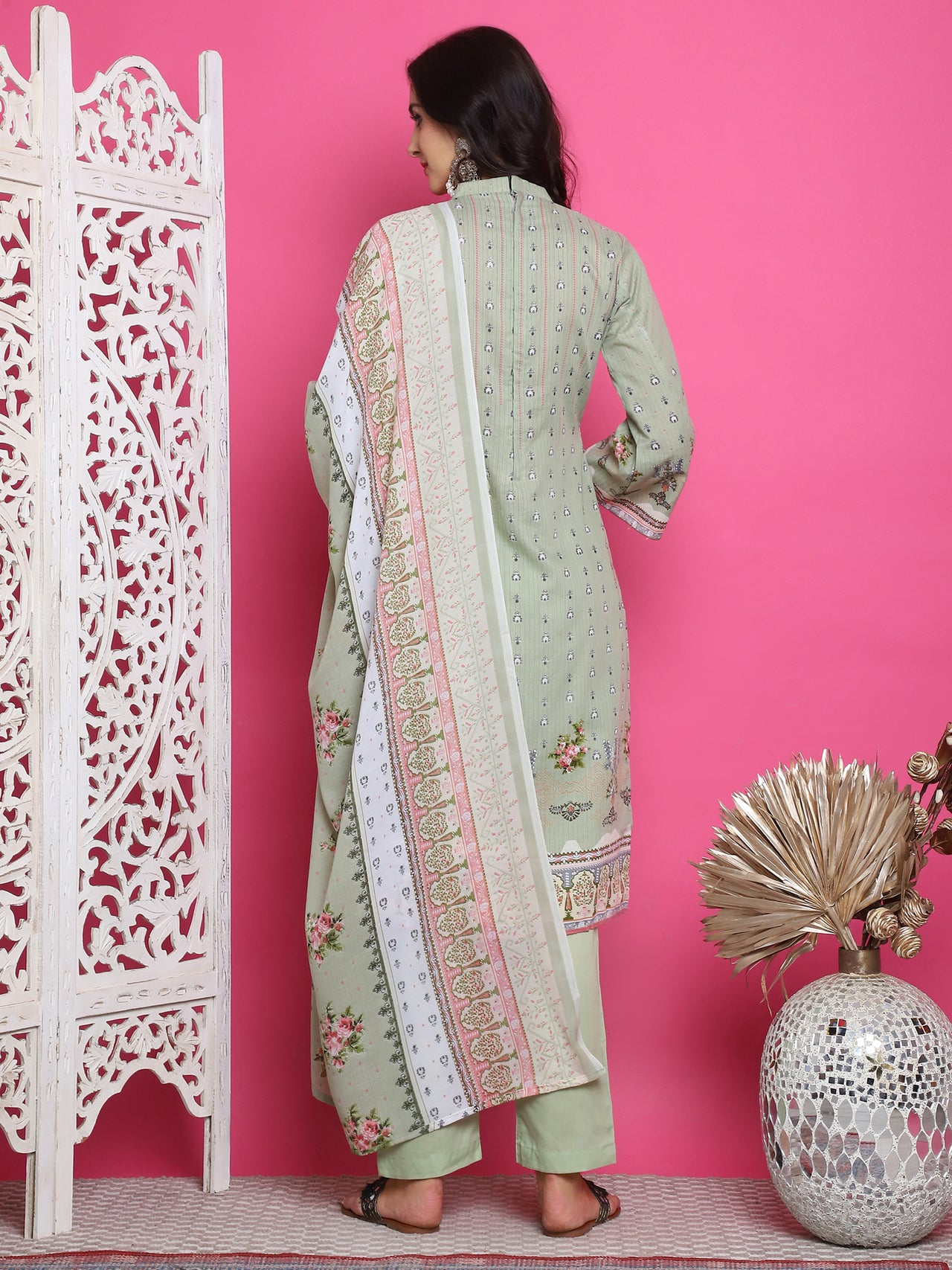 Jyoti Fashion Women's Green Cotton Floral Digital Print with Resham Thread Work Kurta with Trouser & Dupatta