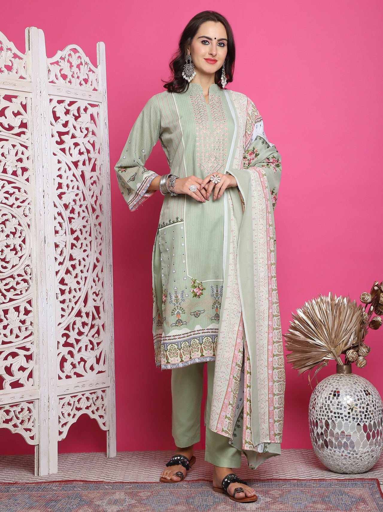 Jyoti Fashion Women's Green Cotton Floral Digital Print with Resham Thread Work Kurta with Trouser & Dupatta