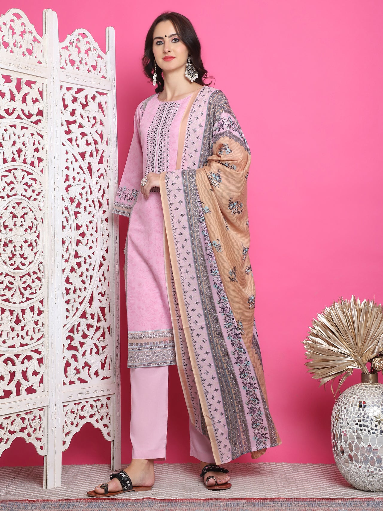 Jyoti Fashion Women's Pink Cotton Floral Digital Print with Resham Thread Work Kurta with Trouser & Dupatta
