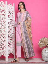 Thumbnail for Jyoti Fashion Women's Pink Cotton Floral Digital Print with Resham Thread Work Kurta with Trouser & Dupatta