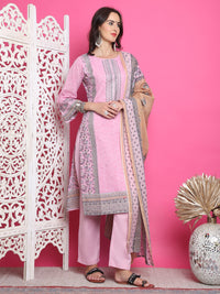 Thumbnail for Jyoti Fashion Women's Pink Cotton Floral Digital Print with Resham Thread Work Kurta with Trouser & Dupatta