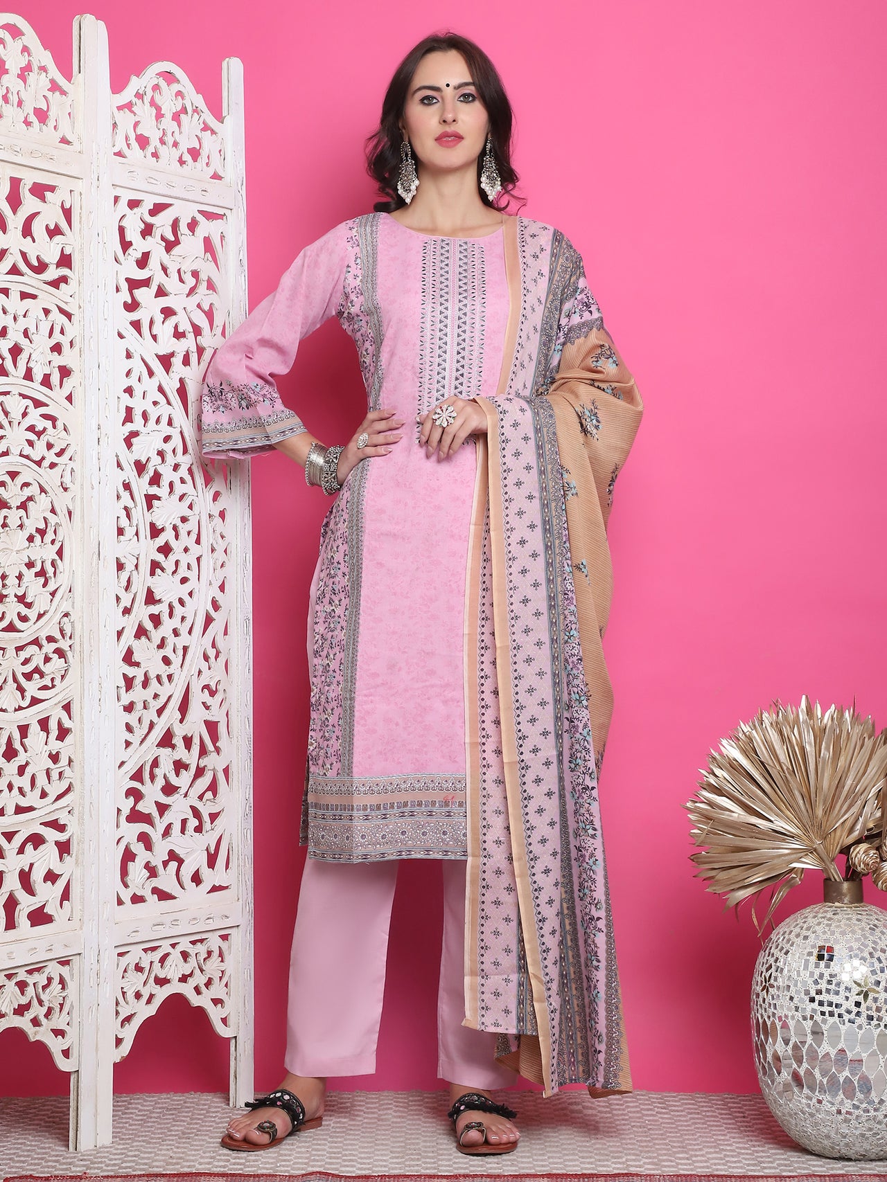 Jyoti Fashion Women's Pink Cotton Floral Digital Print with Resham Thread Work Kurta with Trouser & Dupatta