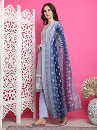 Thumbnail for Jyoti Fashion Women's Sky Blue Cotton Floral Digital Print with Resham Thread Work Kurta with Trouser & Dupatta