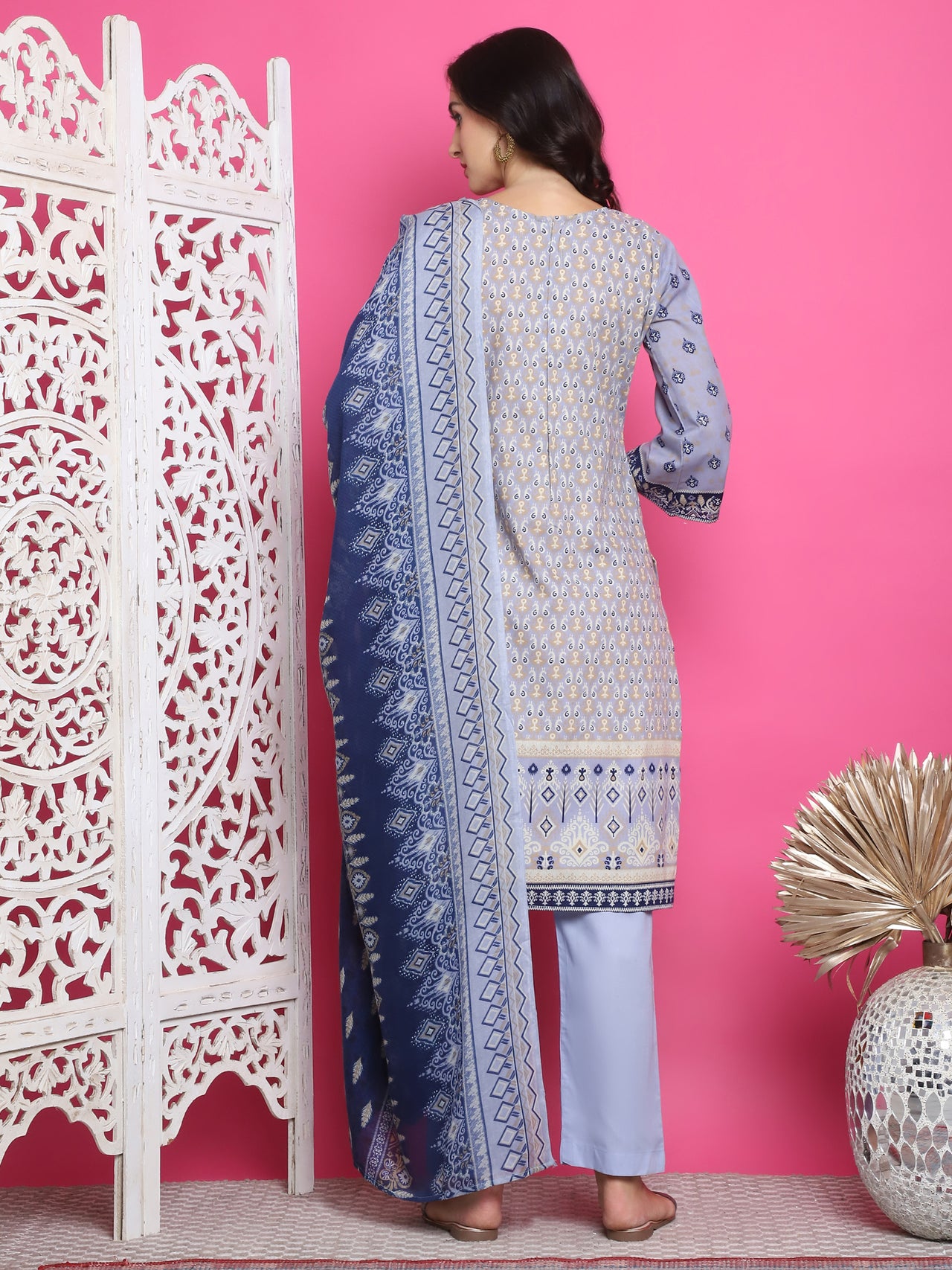 Jyoti Fashion Women's Sky Blue Cotton Floral Digital Print with Resham Thread Work Kurta with Trouser & Dupatta
