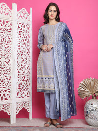 Thumbnail for Jyoti Fashion Women's Sky Blue Cotton Floral Digital Print with Resham Thread Work Kurta with Trouser & Dupatta